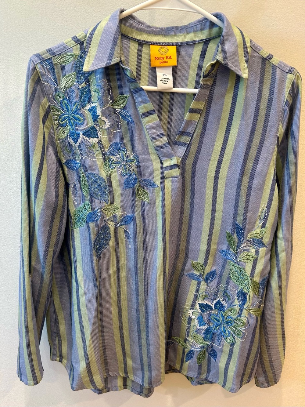 Ruby Rd Petite Embroidered Floral Striped Button Front Blouse PS